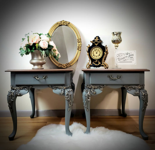Vintage Pair of Nightstands in Warm Brown, Gold & Pewter Silver | Scroll Moulding Details, Tobacco Stained Oak Top with Drawer