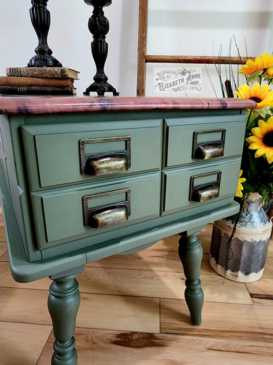 Vintage Industrial End Table in Evergreen Green | Apothecary Style Drawers Bronze Hardware | Antique Weathered Crate Top Print