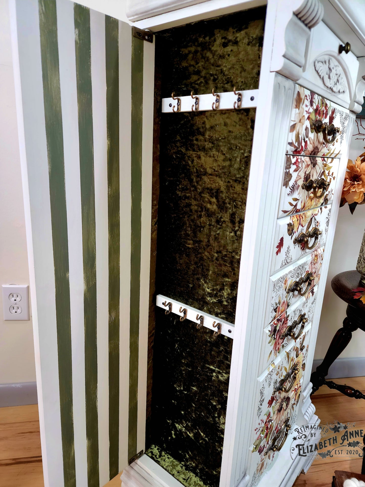 Sunflower Boho White, Olive Green, Black Antiqued Jewelry Armoire | Freestanding, Velvet Lined, Distressed Stripes & Vintage Gold Hardware