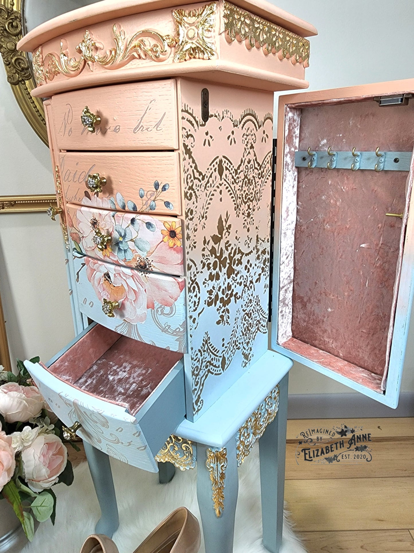 Fairytale Jewelry Armoire | Pink, Apricot, Light Blue, Gray-Blue & Gold Details | Floral Jewelry Storage | French Jewelry Box