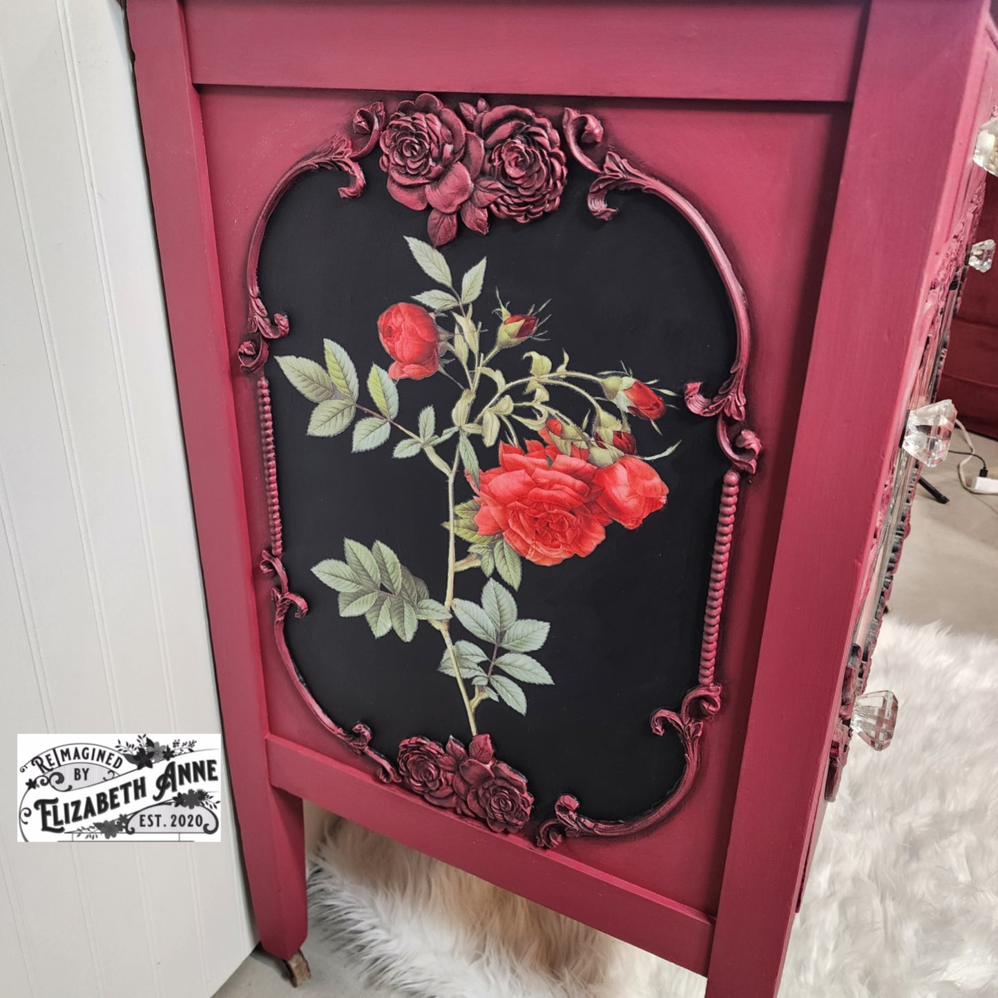 Antique Victorian Red & Black Rose Dresser with Mirror