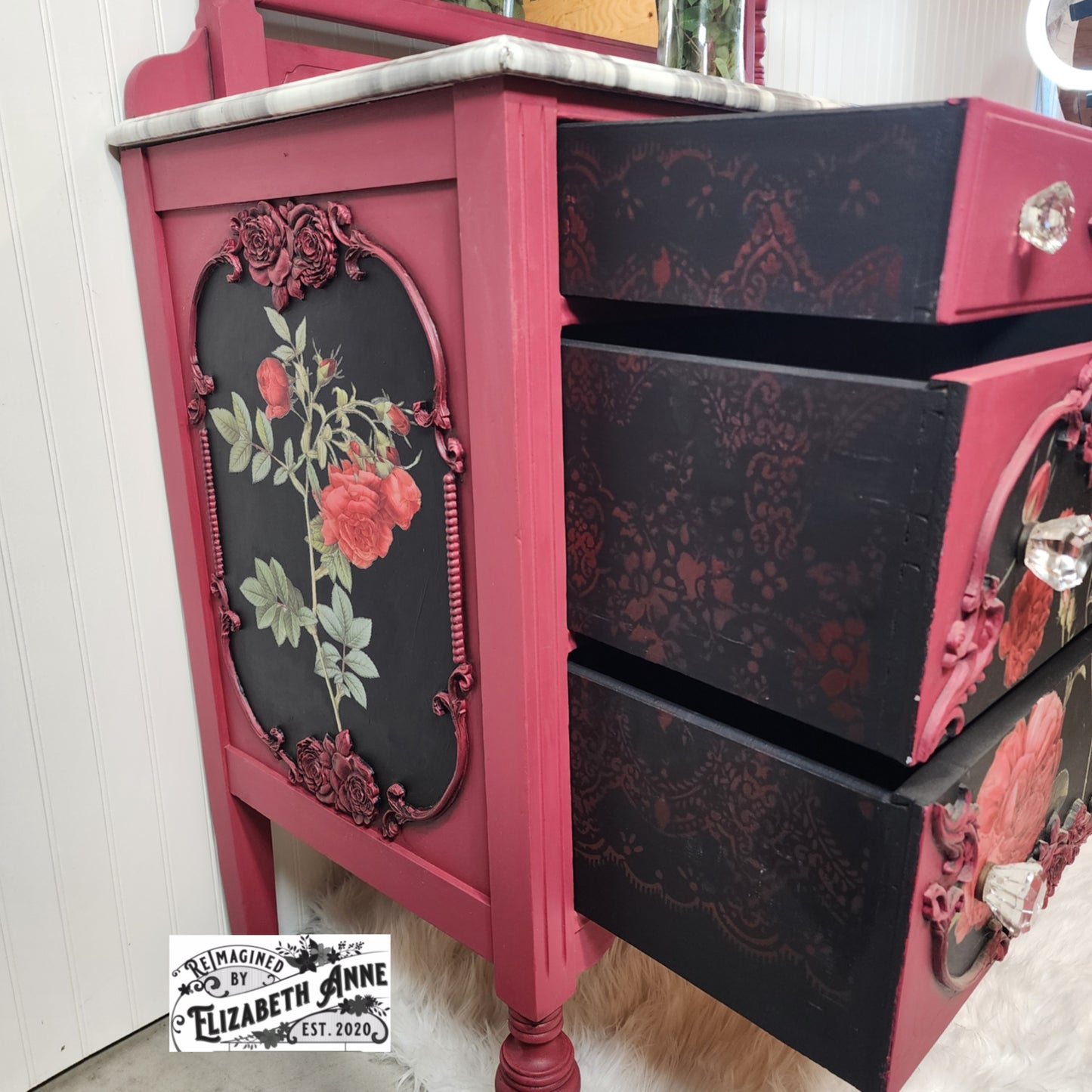 Antique Victorian Red & Black Rose Dresser with Mirror