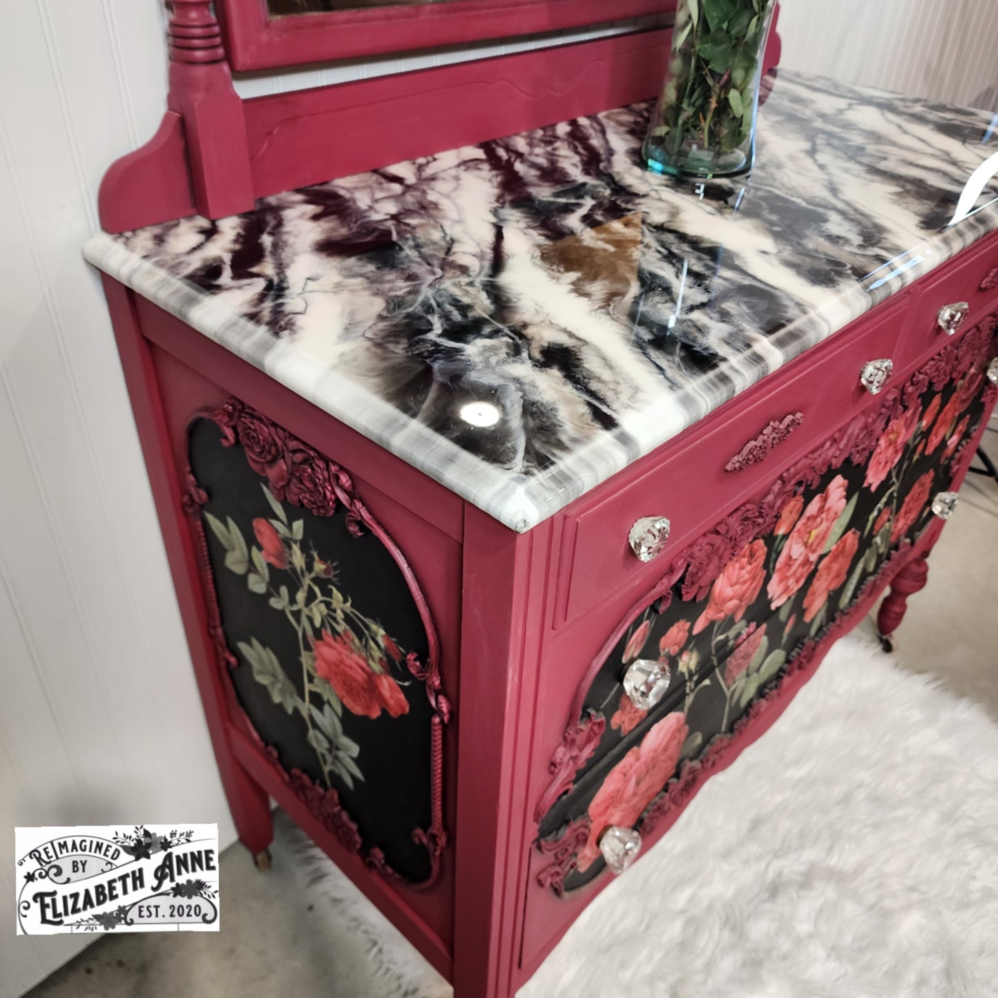 Antique Victorian Red & Black Rose Dresser with Mirror