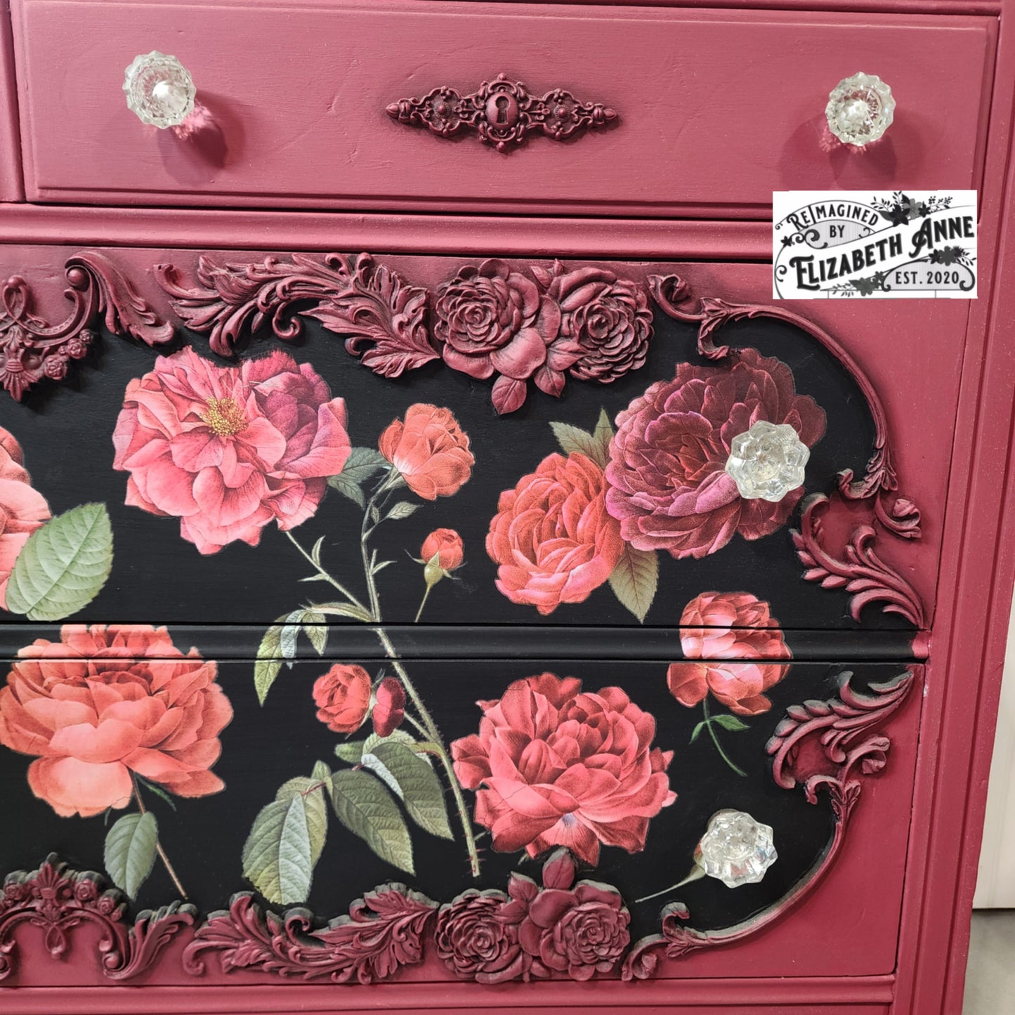 Antique Victorian Red & Black Rose Dresser with Mirror