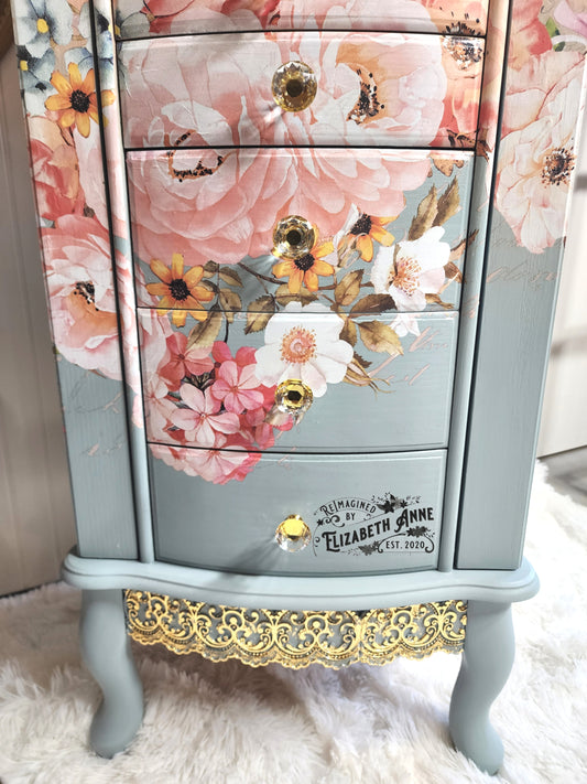 Fairytale Jewelry Armoire | Pink, Apricot, Light Blue, Gray-Blue & Gold Details