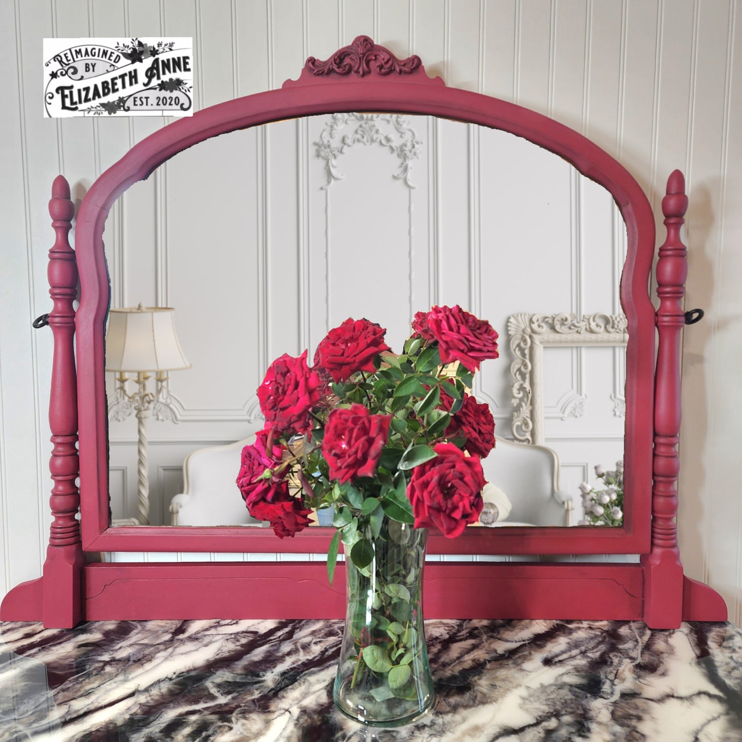 Antique Victorian Red & Black Rose Dresser with Mirror