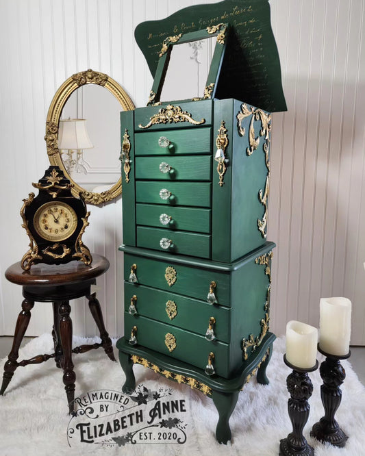 Vintage Emerald GREEN & GOLD Jewelry Armoire