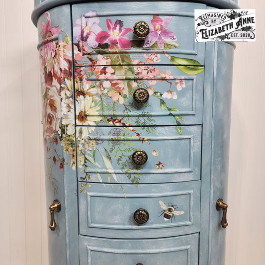 Custom Order for Jewelry Armoire in Farmhouse Blue, Florals, Lace with Velvet Lining