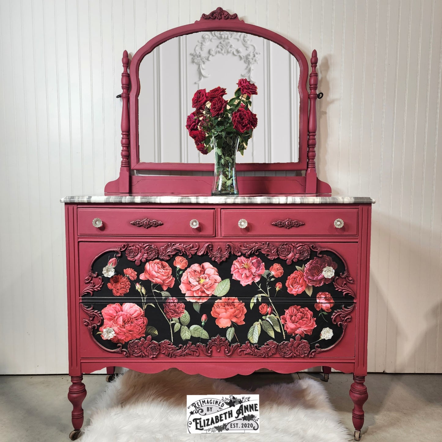 Antique Victorian Red & Black Rose Dresser with Mirror