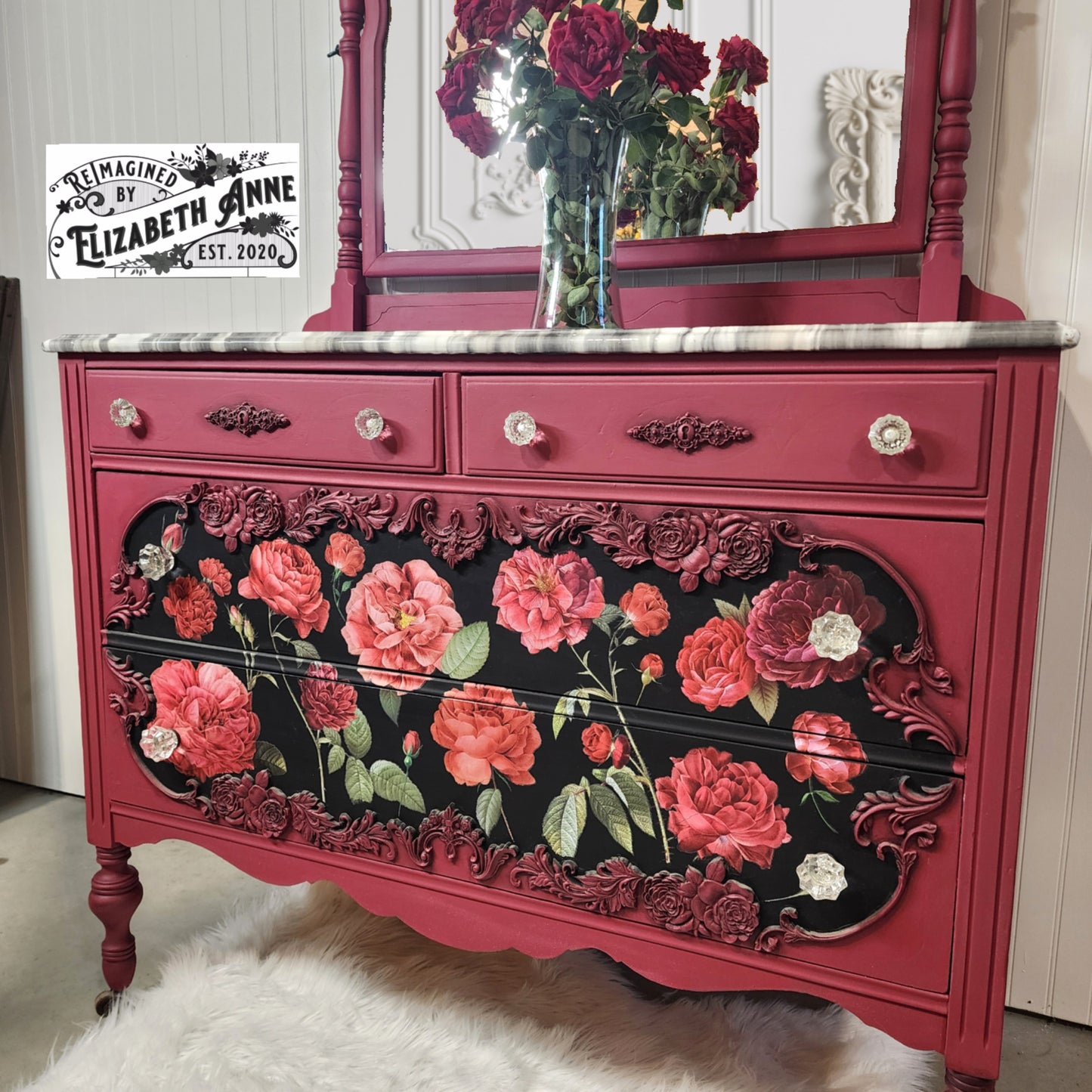 Antique Victorian Red & Black Rose Dresser with Mirror