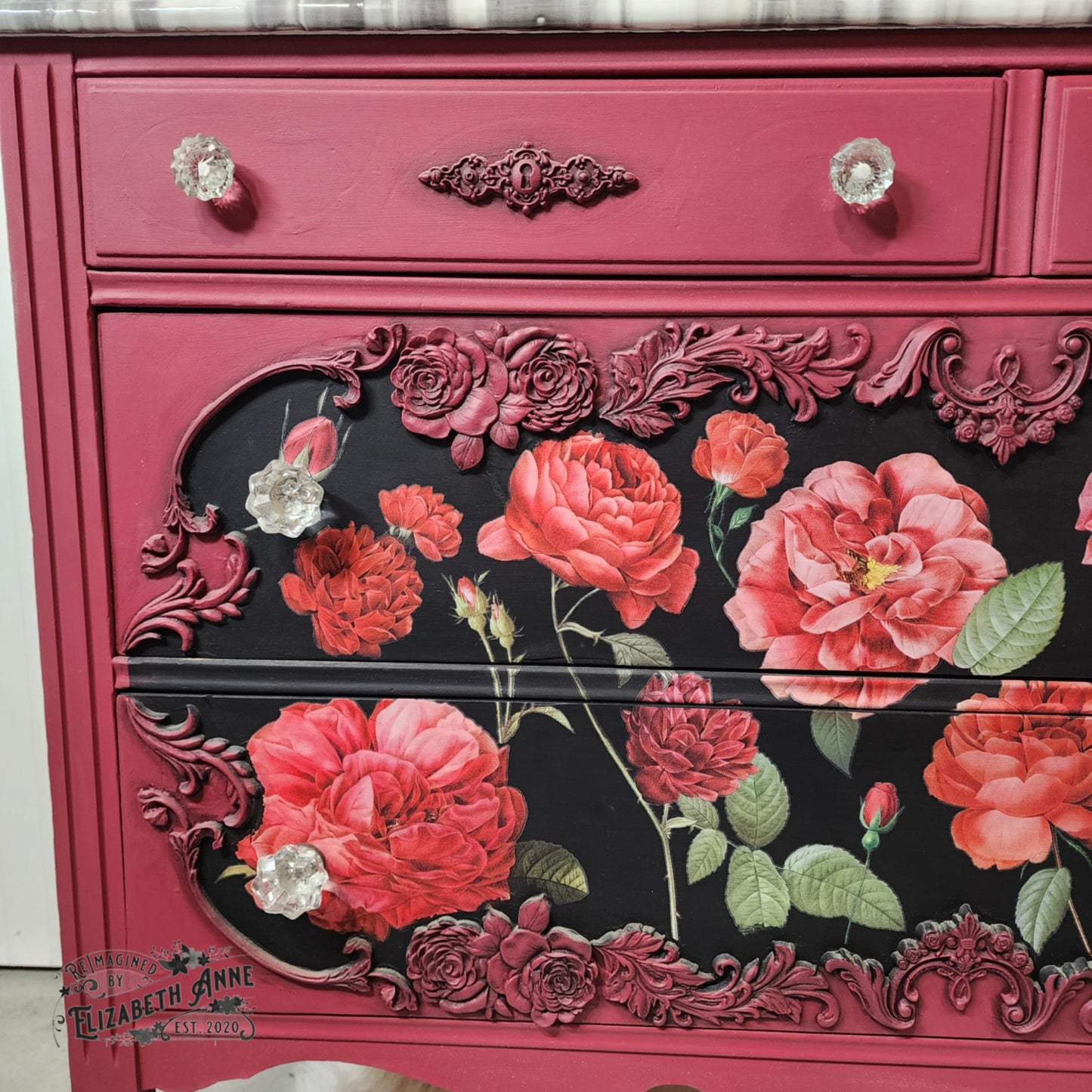 Antique Victorian Red & Black Rose Dresser with Mirror