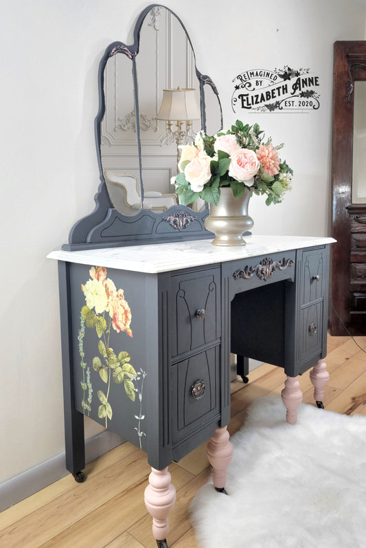 Charcoal and Rose Gold Pink Antique Vanity | Vintage Rose and Floral Makeup Station Storage | French Glamour Solid Wood Dovetailed Drawers