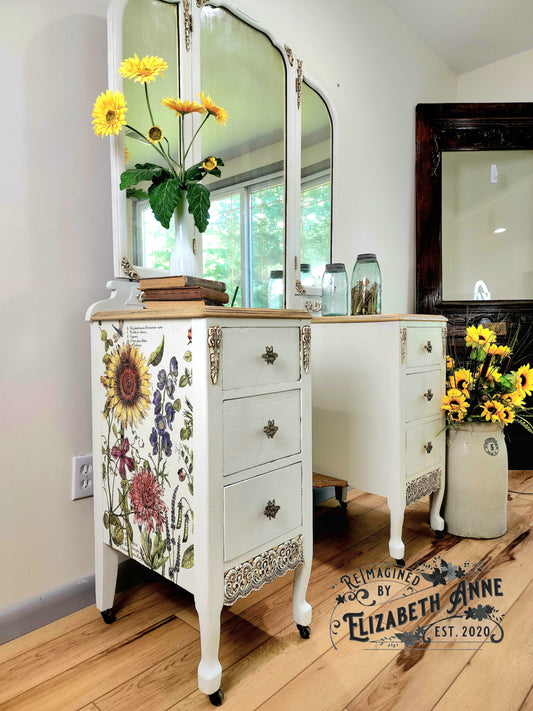 Antique Vanity with Sunflowers, Bees, Dragonflies, Florals on Vintage Ivory White with Tri-Fold Mirror | Make-up Station | Farmhouse Drawers