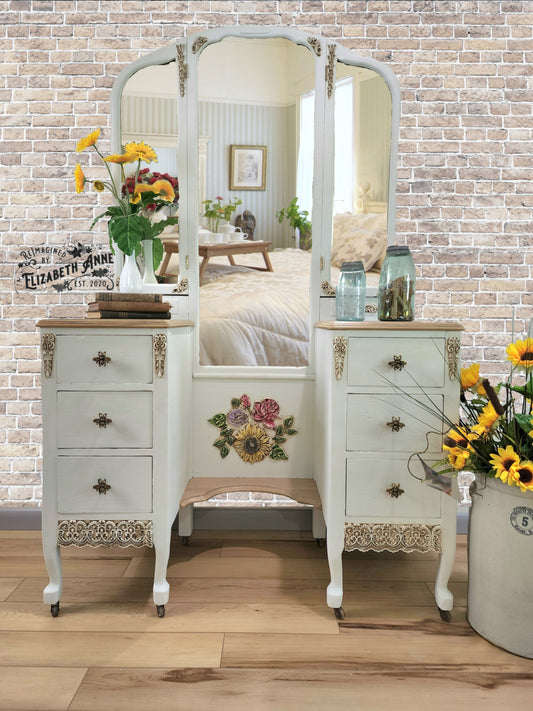 Antique Vanity with Sunflowers, Bees, Dragonflies, Florals on Vintage Ivory White with Tri-Fold Mirror | Make-up Station | Farmhouse Drawers