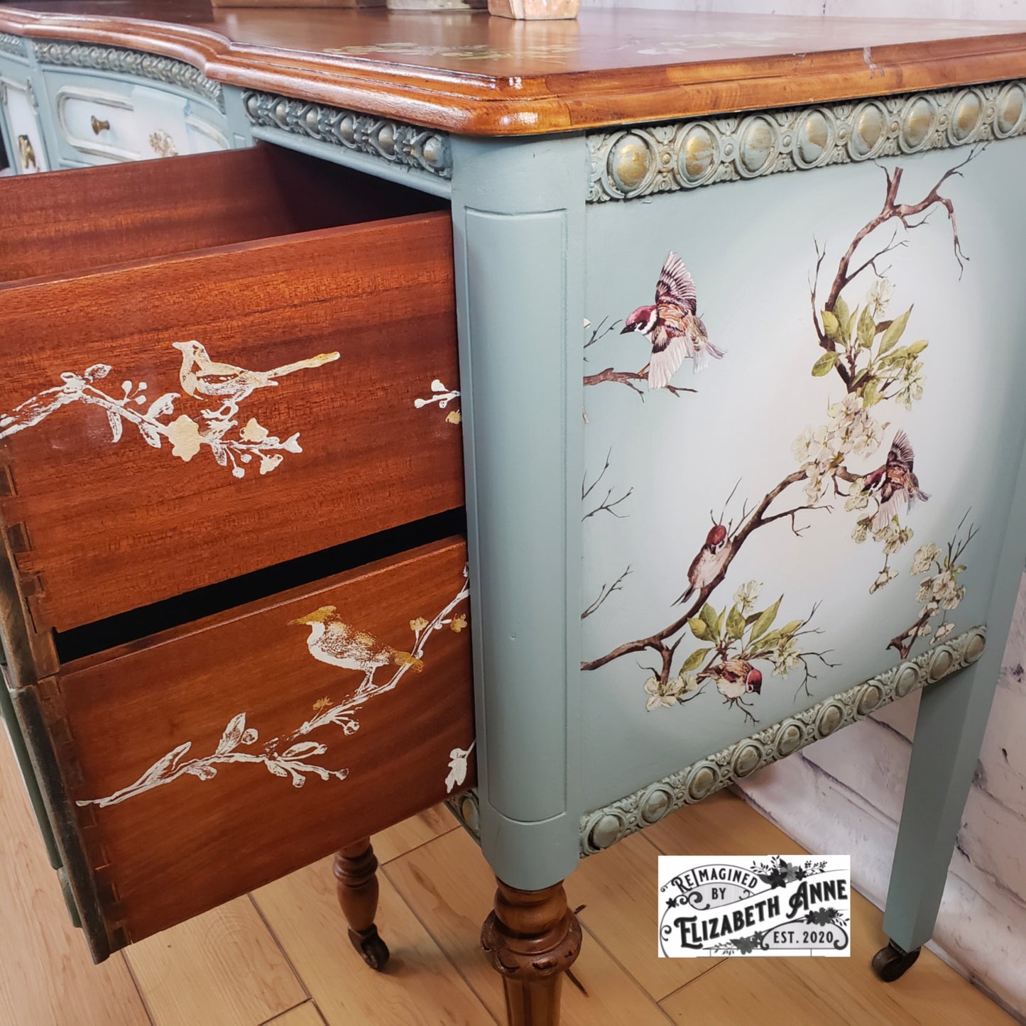 Vintage Duck Egg Blue Bird and Blossom Desk | Make-up Station | Gold Antique Vanity | Natural Wood Furniture