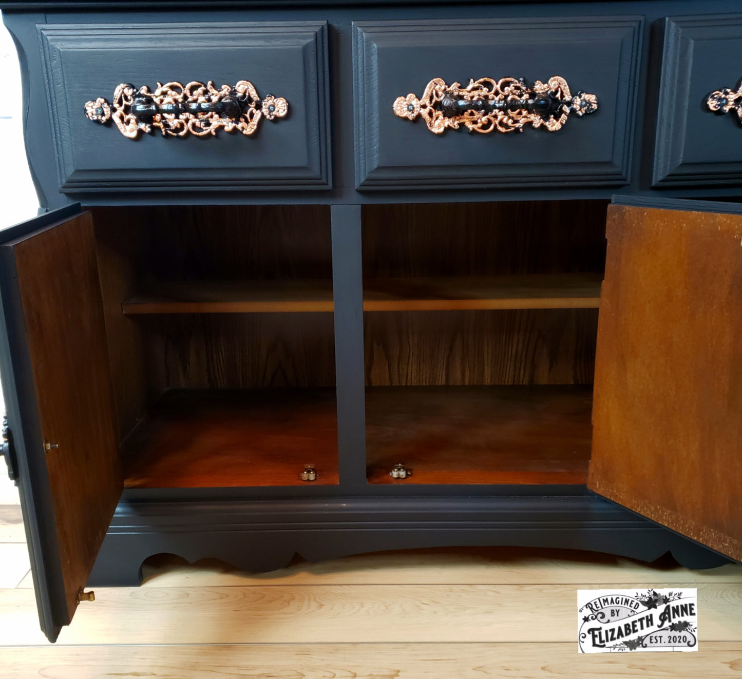 Vintage China Hutch in Modern Matte Black and Copper Handles, Stamped Black and White Lighted Hutch | Oak Storage Kitchen Cabinet
