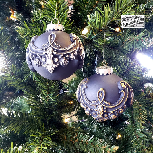 Handcrafted Victorian Style Navy Blue and Gold/Silver Pair of Ornaments | Vintage Inspired Clay Tree Decorations