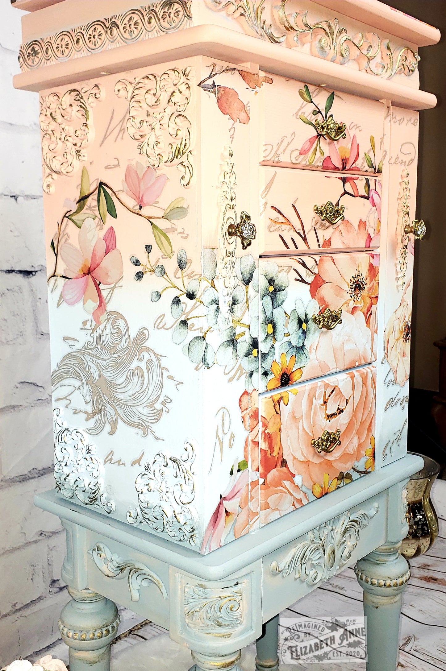 Fairytale Jewelry Armoire | Pink, Apricot, Light Blue, Gray-Blue & Gold Details | Floral Jewelry Storage | French Jewelry