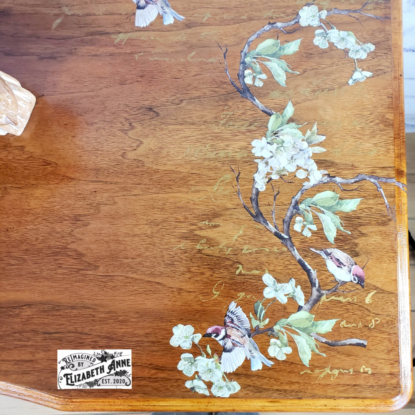 Vintage Duck Egg Blue Bird and Blossom Desk | Make-up Station | Gold Antique Vanity | Natural Wood Furniture