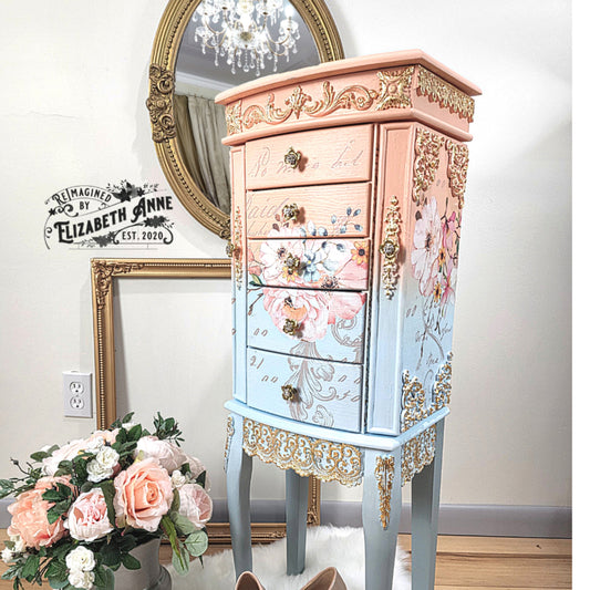 Fairytale Jewelry Armoire | Pink, Apricot, Light Blue, Gray-Blue & Gold Details | Floral Jewelry Storage | French Jewelry Box