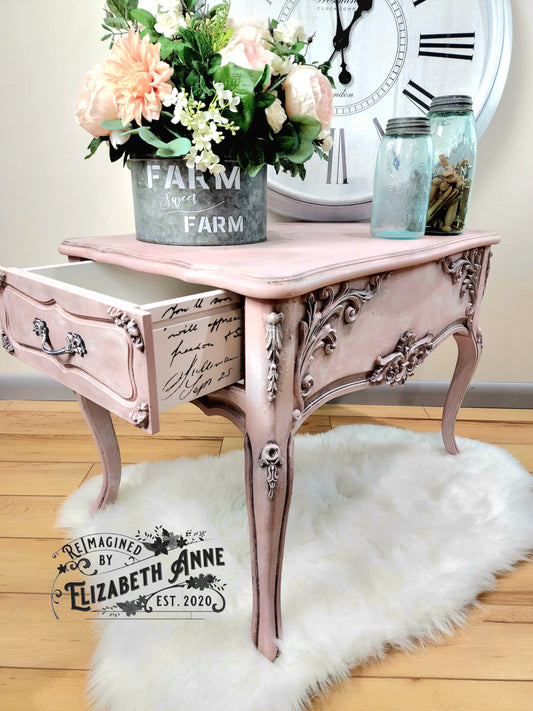 Pair of French Provincial Nightstands in Blush Pink, White & Black Antiquing | Solid Wood, Dovetail Drawers | Vintage End Tables