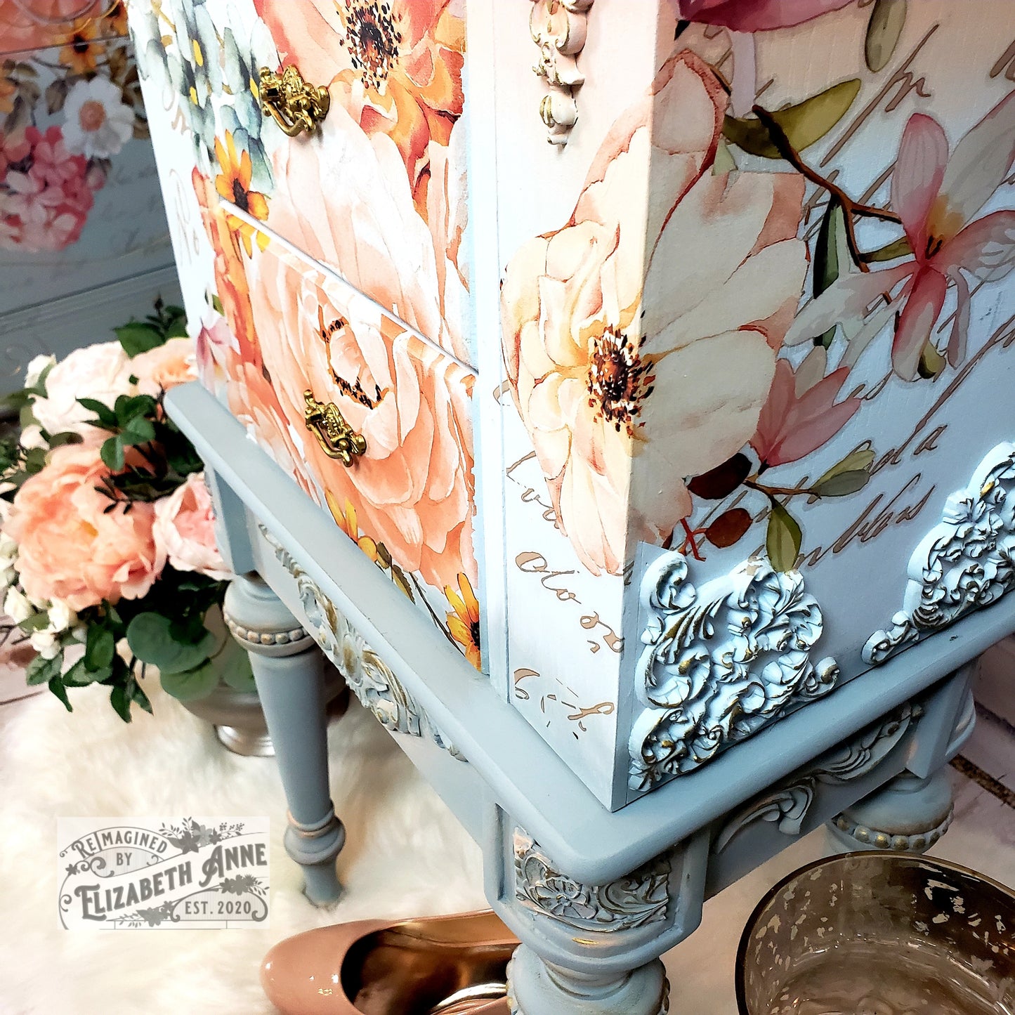 Fairytale Jewelry Armoire | Pink, Apricot, Light Blue, Gray-Blue & Gold Details | Floral Jewelry Storage | French Jewelry