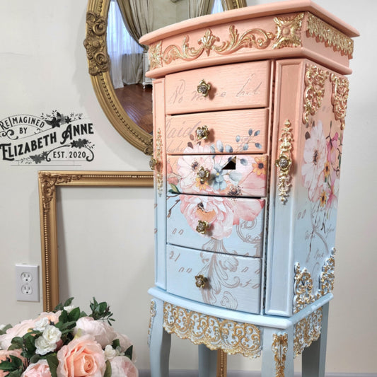 Fairytale Jewelry Armoire | Pink, Apricot, Light Blue, Gray-Blue & Gold Details | Floral Jewelry Storage | French Jewelry Box