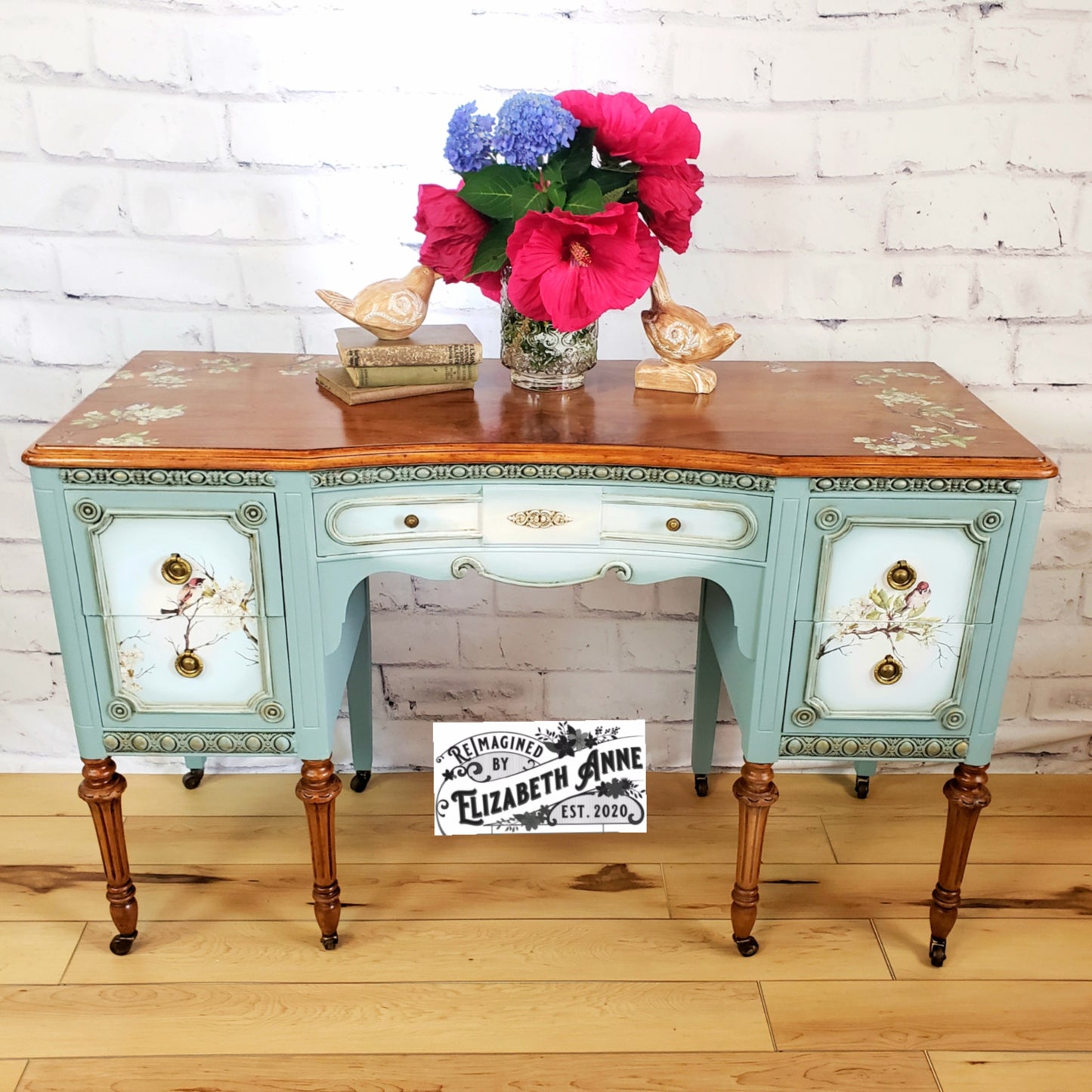 Vintage Duck Egg Blue Bird and Blossom Desk | Make-up Station | Gold Antique Vanity | Natural Wood Furniture