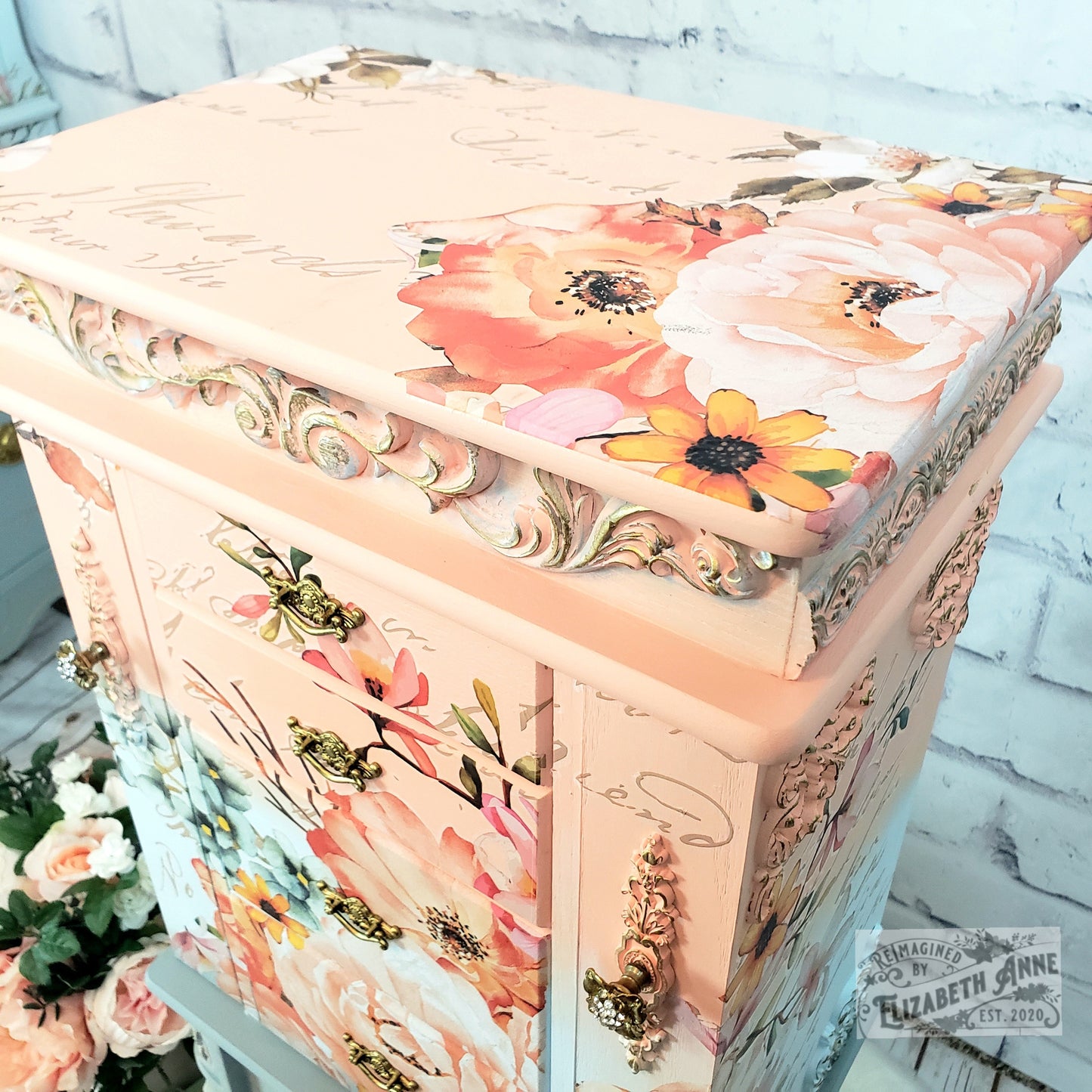 Fairytale Jewelry Armoire | Pink, Apricot, Light Blue, Gray-Blue & Gold Details | Floral Jewelry Storage | French Jewelry
