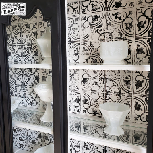 Vintage China Hutch in Modern Matte Black and Copper Handles, Stamped Black and White Lighted Hutch | Oak Storage Kitchen Cabinet