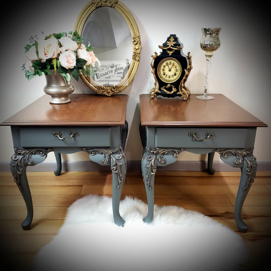 Vintage Pair of Nightstands in Warm Brown, Gold & Pewter Silver | Scroll Moulding Details, Tobacco Stained Oak Top with Drawer