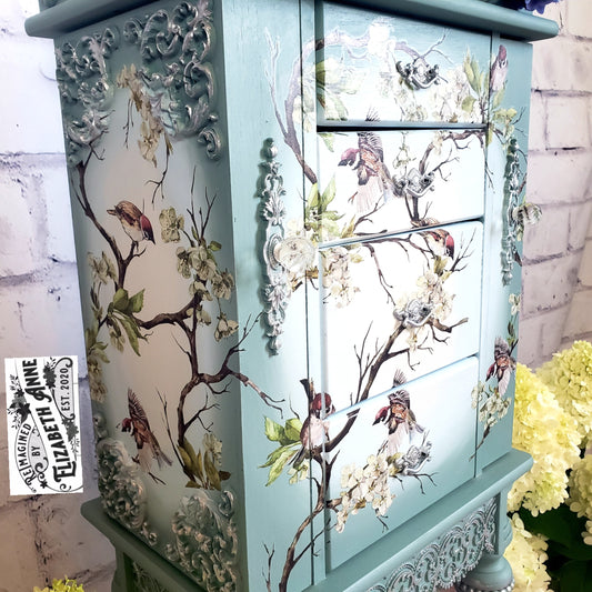 Bird and Floral Blossom Jewelry Armoire | Greens, Blues, Whites, Silver, Gray | Custom Bedroom Storage | Custom Gifts
