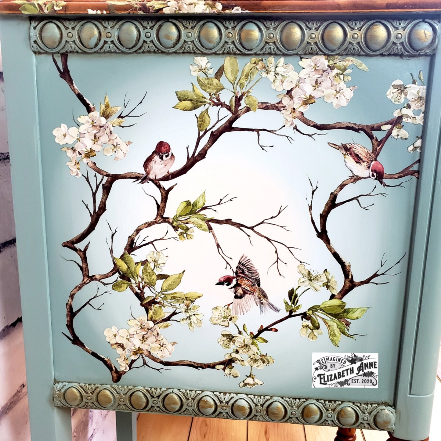 Vintage Duck Egg Blue Bird and Blossom Desk | Make-up Station | Gold Antique Vanity | Natural Wood Furniture