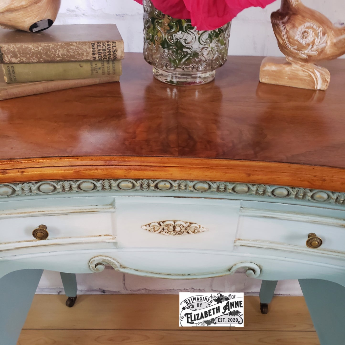 Vintage Duck Egg Blue Bird and Blossom Desk | Make-up Station | Gold Antique Vanity | Natural Wood Furniture