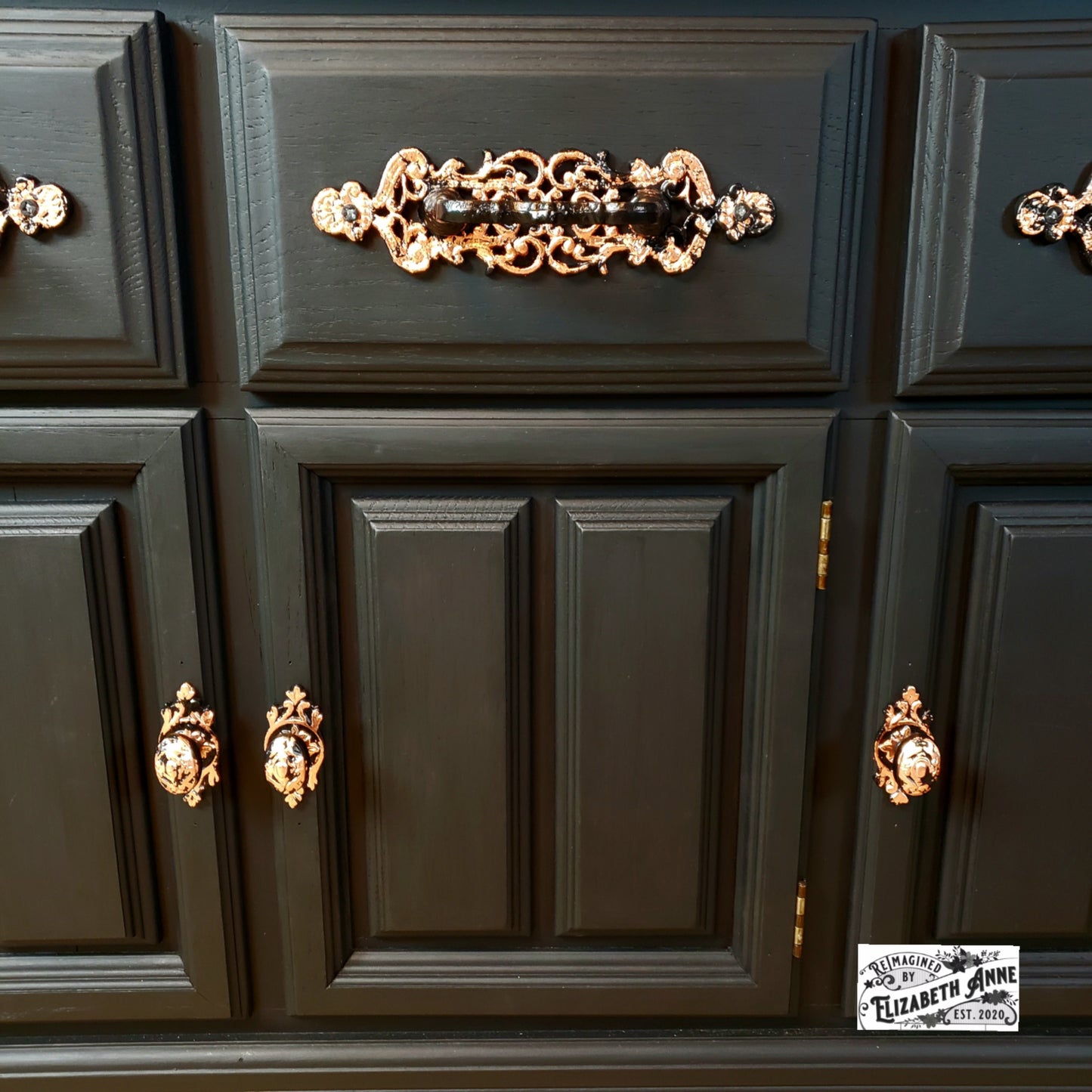 Vintage China Hutch in Modern Matte Black and Copper Handles, Stamped Black and White Lighted Hutch | Oak Storage Kitchen Cabinet