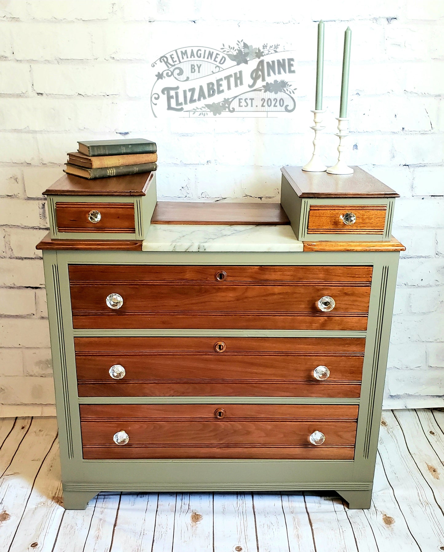 Victorian "East Lake Style" Mid-Late 1800s Dresser | Marble Top & Walnut Dresser | Olive Green and Natural Wood