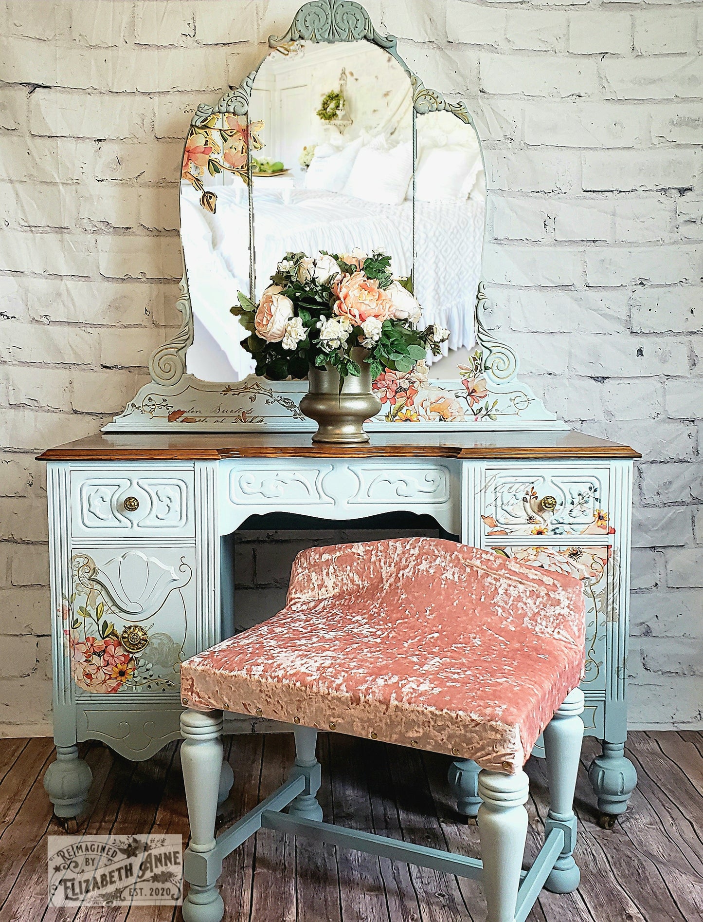 Antique Bedroom Set | Fairytale, Cinderella Inspired Dreamy Blues, Light Pink Roses, Gold Accents