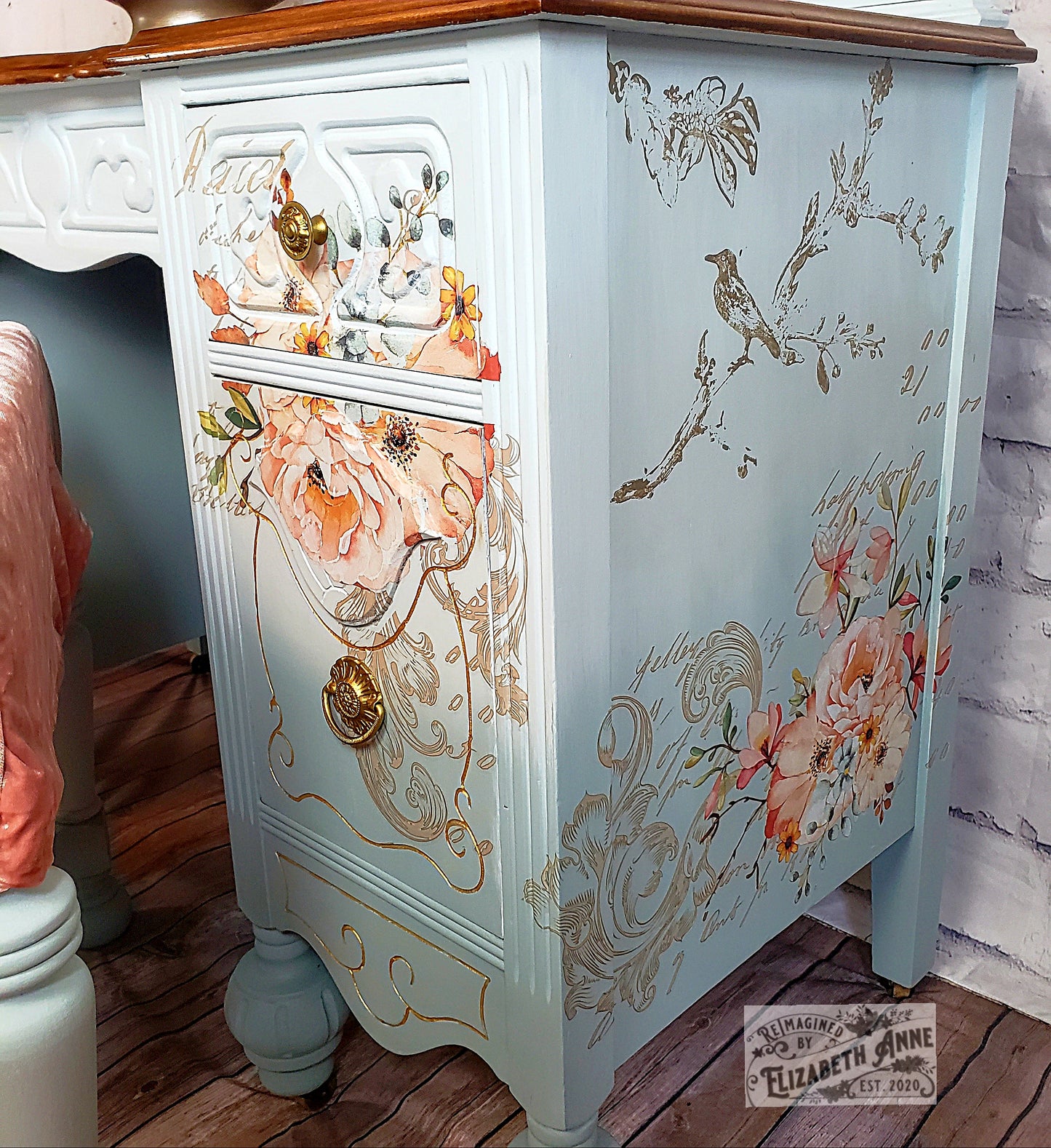 Antique Bedroom Set | Fairytale, Cinderella Inspired Dreamy Blues, Light Pink Roses, Gold Accents