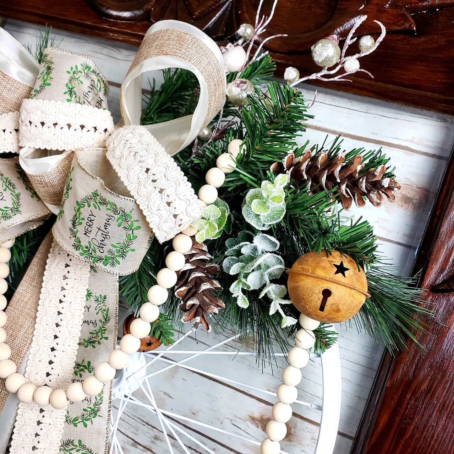 Bicycle Wheel Christmas Wreath with Burlap, Lace, Farmhouse Beads, Pinecones, Sleigh Bells, Eucalyptus | Country Cottage Christmas