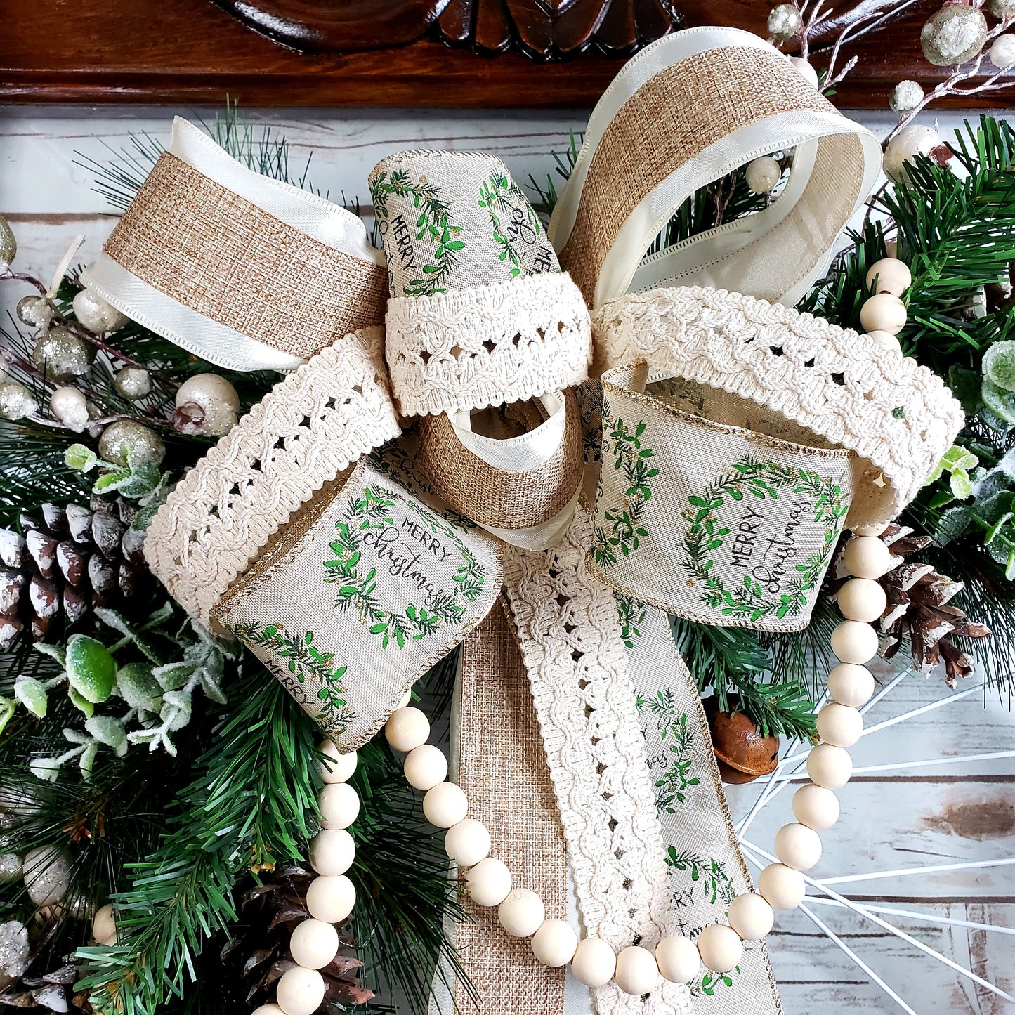 Bicycle Wheel Christmas Wreath with Burlap, Lace, Farmhouse Beads, Pinecones, Sleigh Bells, Eucalyptus | Country Cottage Christmas