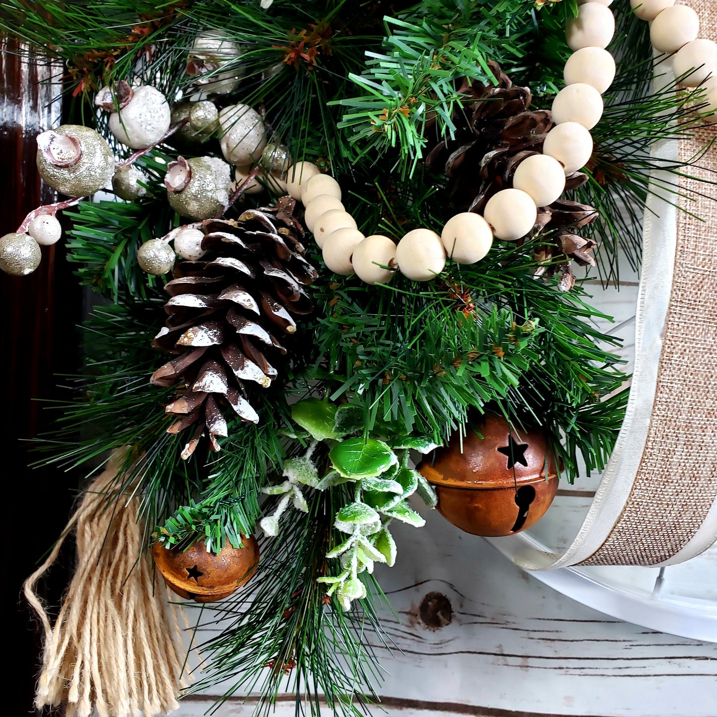 Bicycle Wheel Christmas Wreath with Burlap, Lace, Farmhouse Beads, Pinecones, Sleigh Bells, Eucalyptus | Country Cottage Christmas