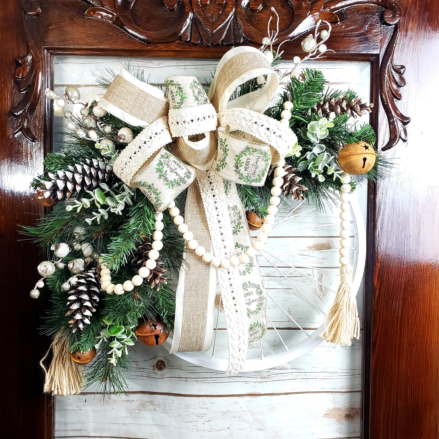 Bicycle Wheel Christmas Wreath with Burlap, Lace, Farmhouse Beads, Pinecones, Sleigh Bells, Eucalyptus | Country Cottage Christmas