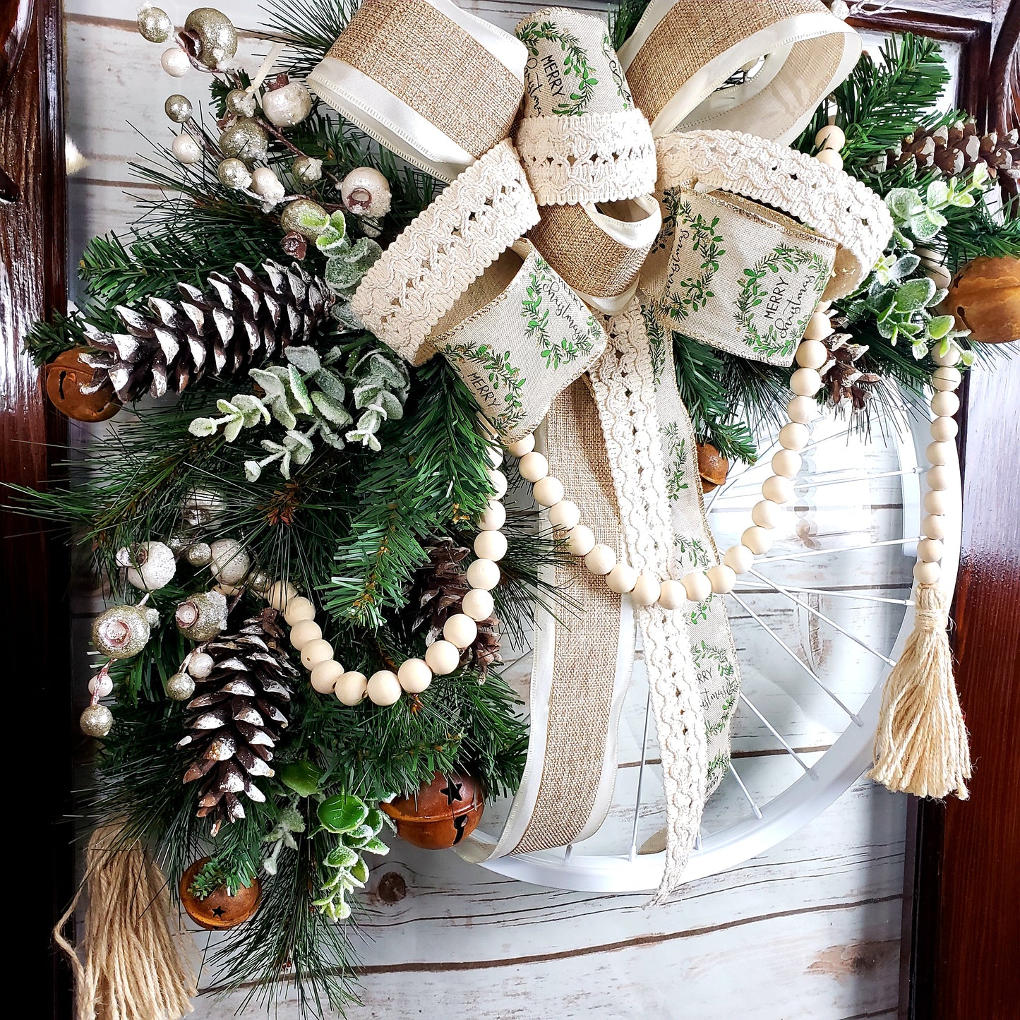 Bicycle Wheel Christmas Wreath with Burlap, Lace, Farmhouse Beads, Pinecones, Sleigh Bells, Eucalyptus | Country Cottage Christmas