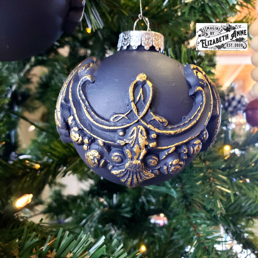 Handcrafted Victorian Style Navy Blue and Gold/Silver Pair of Ornaments | Vintage Inspired Clay Tree Decorations