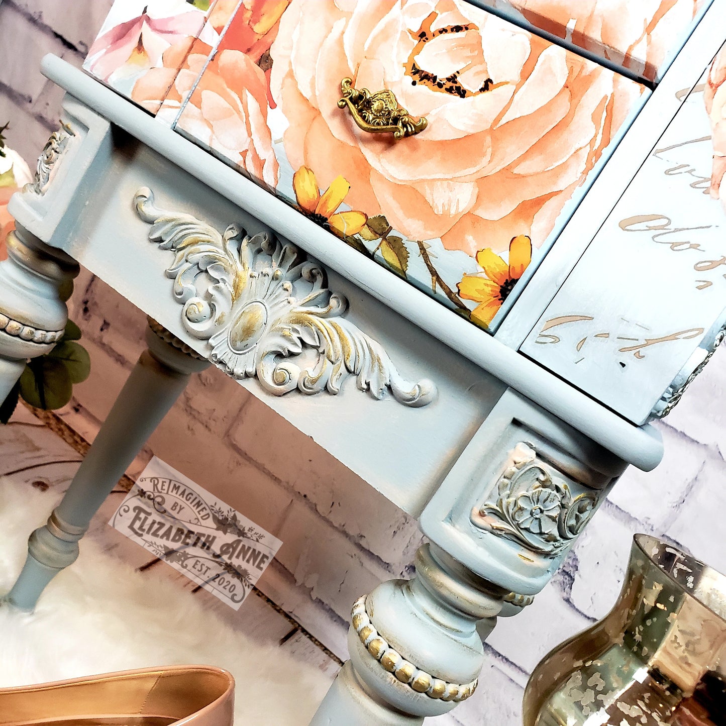 Fairytale Jewelry Armoire | Pink, Apricot, Light Blue, Gray-Blue & Gold Details | Floral Jewelry Storage | French Jewelry