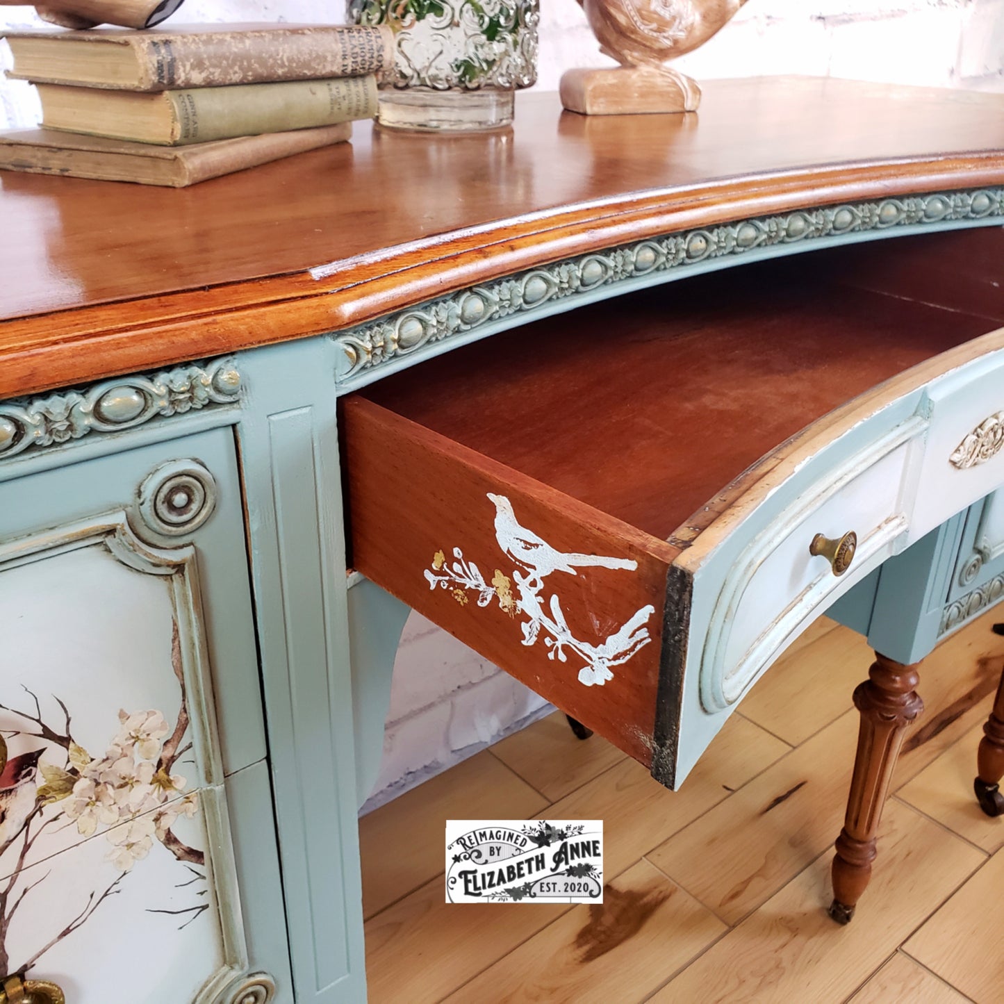 Vintage Duck Egg Blue Bird and Blossom Desk | Make-up Station | Gold Antique Vanity | Natural Wood Furniture
