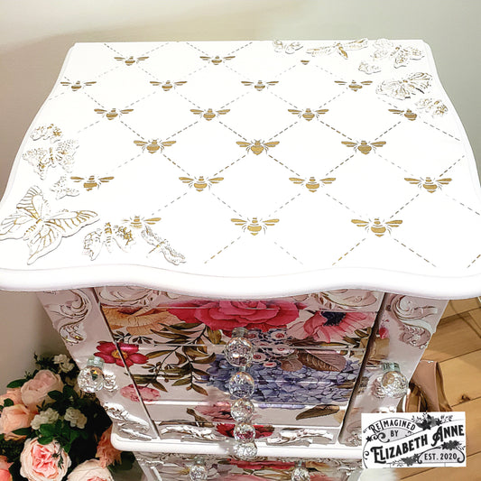 Vintage White & Gold Floral French Jewelry Armoire with Butterflies, Dragonflies, Bees | Hand-painted Pink Jewelry Box Storage