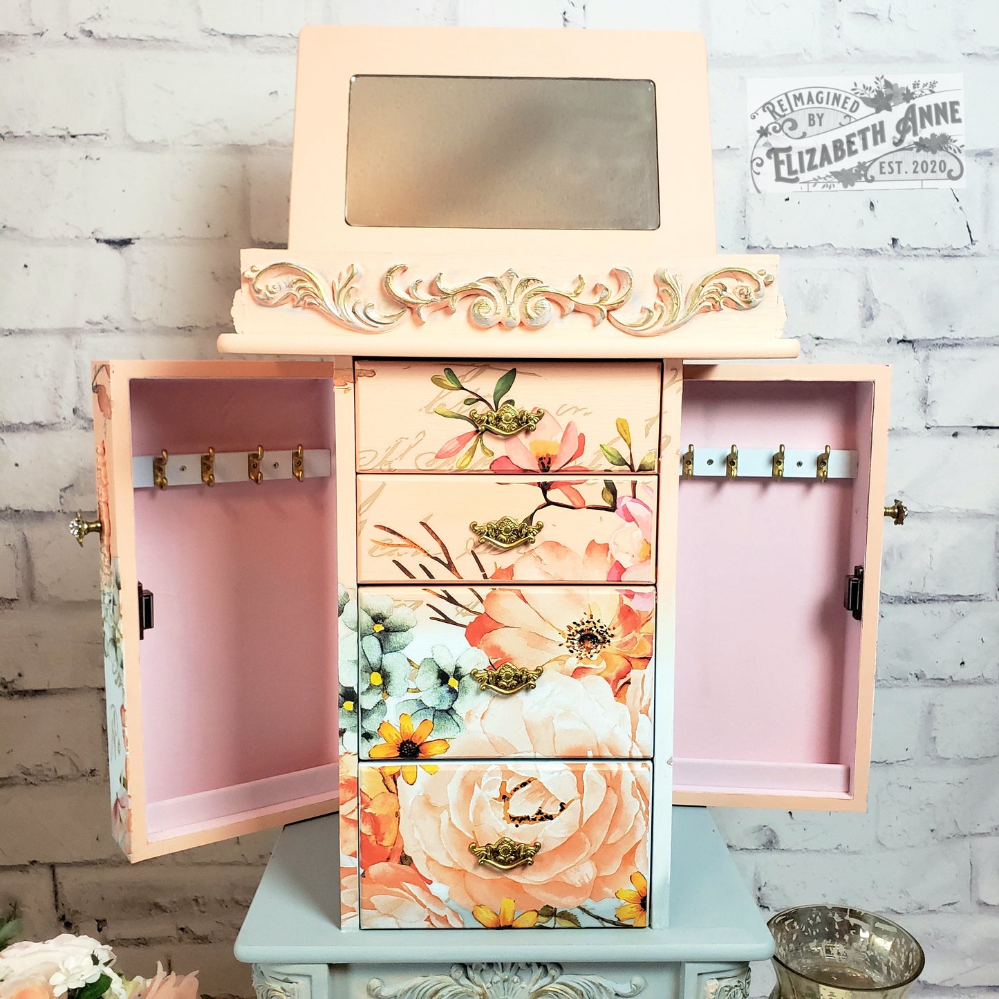 Fairytale Jewelry Armoire | Pink, Apricot, Light Blue, Gray-Blue & Gold Details | Floral Jewelry Storage | French Jewelry