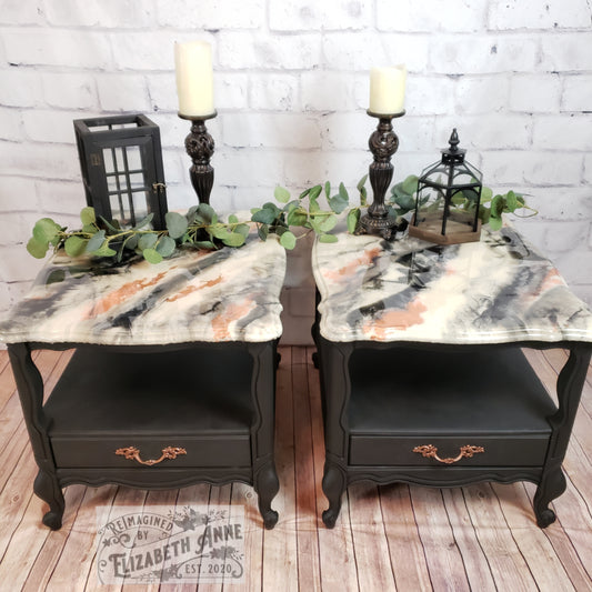 Set of 2 Nightstands/End Tables/ Faux "Marble" Epoxy Top with Matte Black and Copper Accents | Industrial Farmhouse | French Provincial