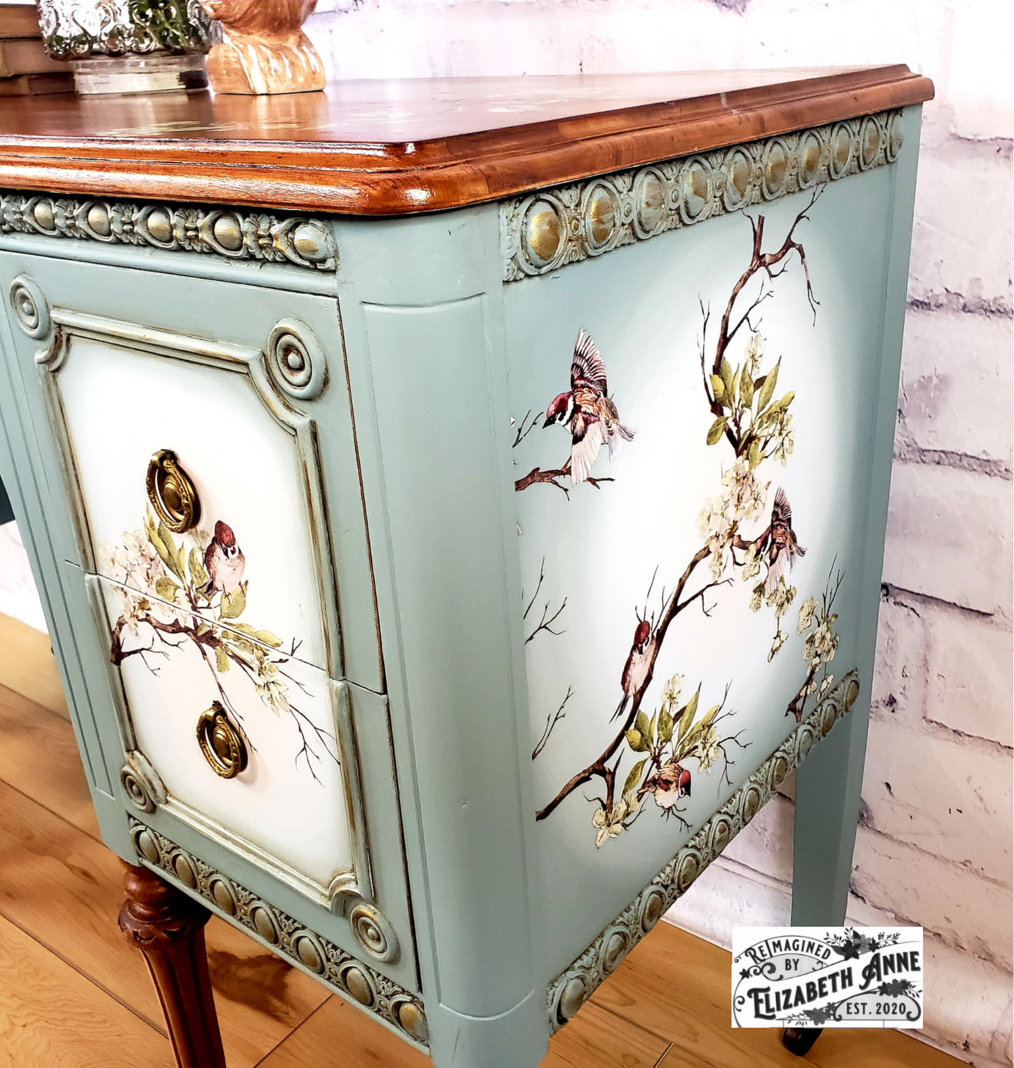 Vintage Duck Egg Blue Bird and Blossom Desk | Make-up Station | Gold Antique Vanity | Natural Wood Furniture